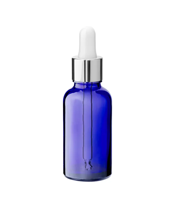 Glasflasche Blau 30 ml mit silberner Glaspipette für Pflegeöle